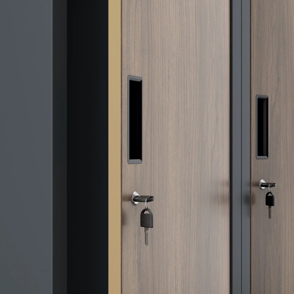 Kovová šatňová dvojmodulová skriňa na sokli s policou KACPER, 800 x 1800 x 500 mm, Eco Design: antracitová/ orech
