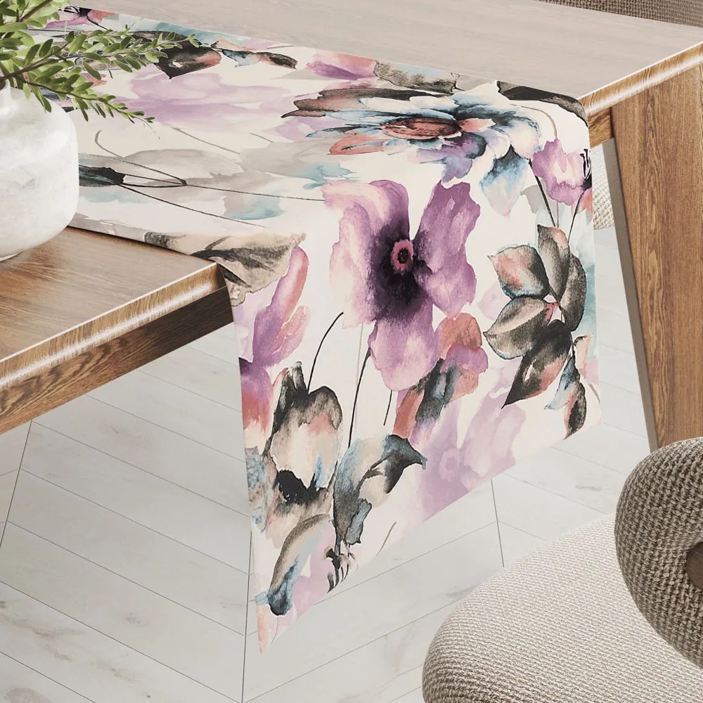 Biante Zamatový behúň na stôl Tamara TMR-050 Abstraktné fialové kvety na smotanovom 45x120 cm