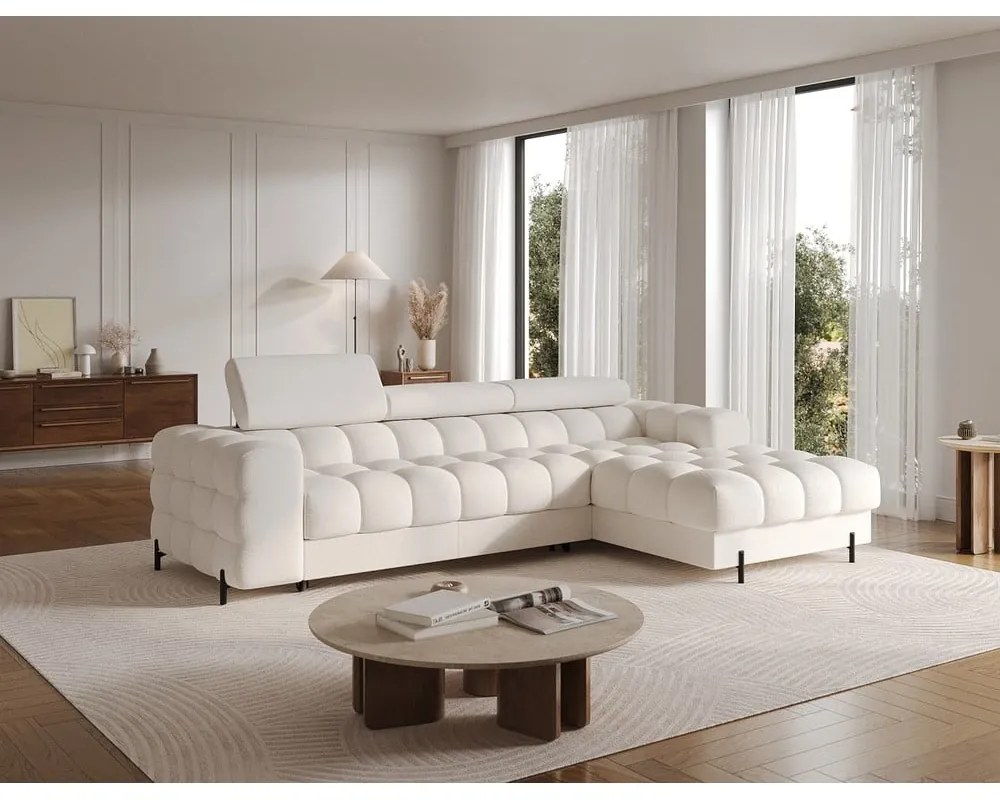 Krémovobiela rozkladacia/s úložným priestorom rohová pohovka z textílie buklé (pravý roh/s leňoškou) Felro – ELTAP