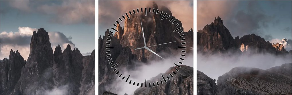 Obraz - Talianske dolomity schované v hmle (s hodinami) (90x30 cm)
