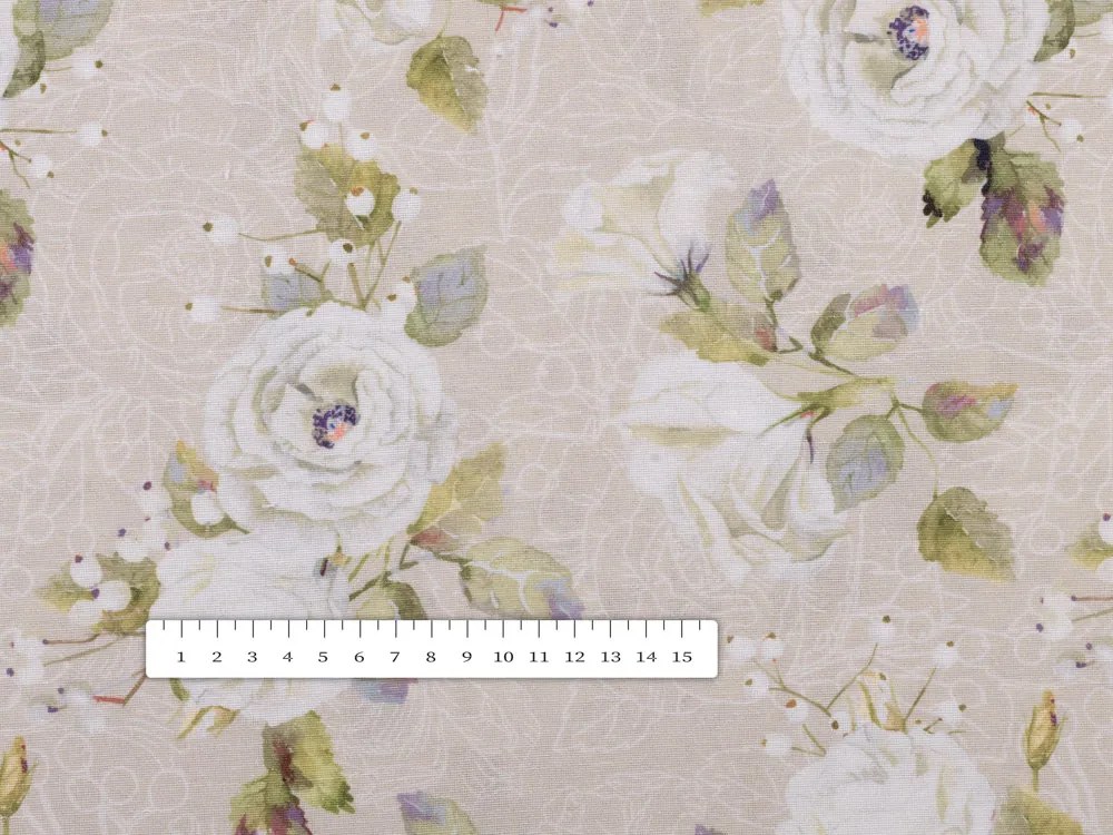 Biante Dekoračný behúň na stôl PML-059 Biele ruže s perokresbou na béžovom 20x120 cm