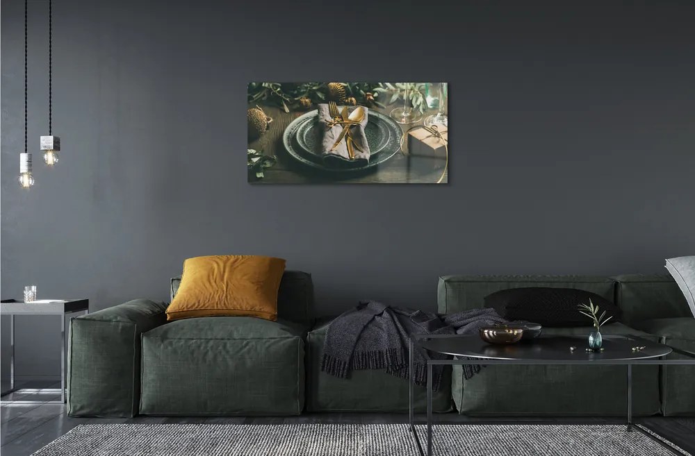 Sklenený obraz Tanier príbory ozdoby darčeky 125x50 cm