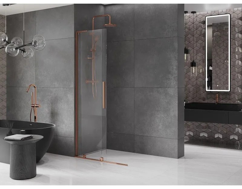 Mexen Velar L, posuvná sprchová zástena Walk-in 90 x 200 cm, 8mm číre sklo, ružové zlato, 871-090-003-03-60