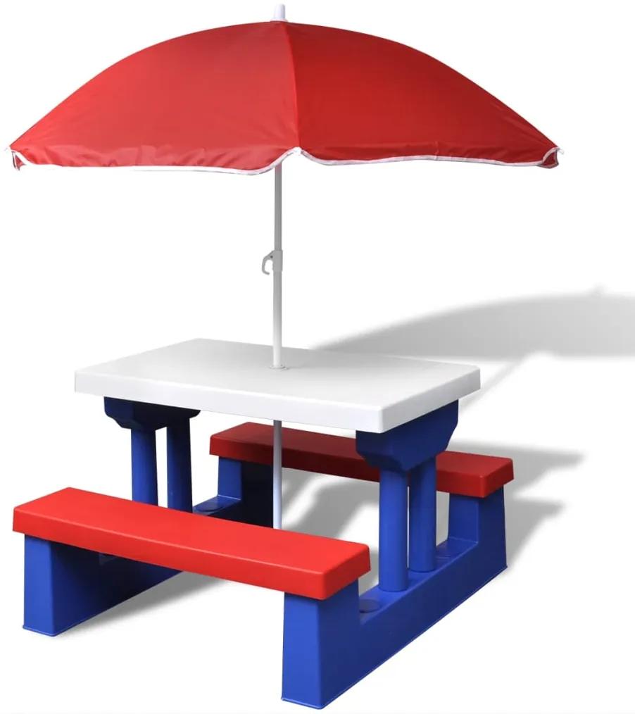 vidaXL Detský piknikový stôl s lavičkami a slnečníkom, rôznofarebný