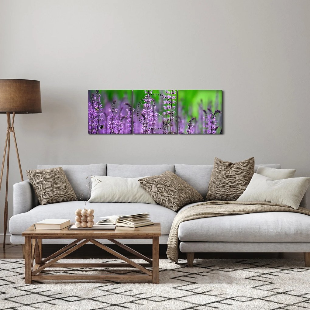 Obraz fialových lúčnych kvetov (s hodinami) (90x30 cm)
