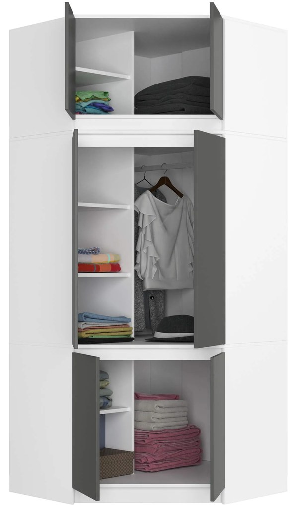 Rohová šatní skříň CLP 100 cm 6D bílá/grafitově šedá