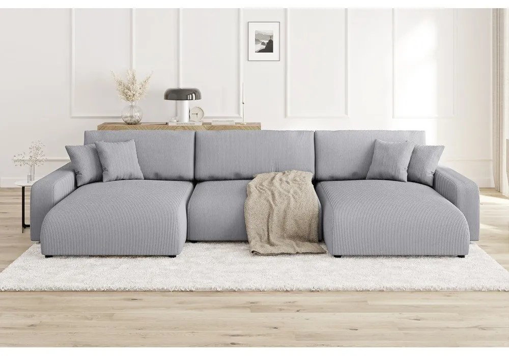 Svetlosivá menčestrová rozkladacia/s úložným priestorom rohová pohovka Sara – Ropez