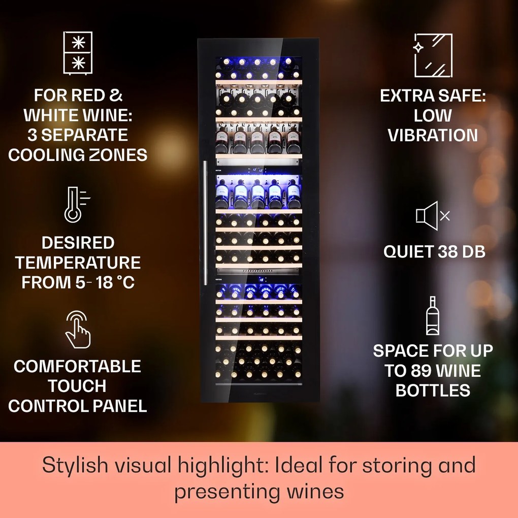 Klarstein Vinsider 89 Trio, vstavaná vinotéka, 5-18°C, dotykový ovládací panel, drevené police
