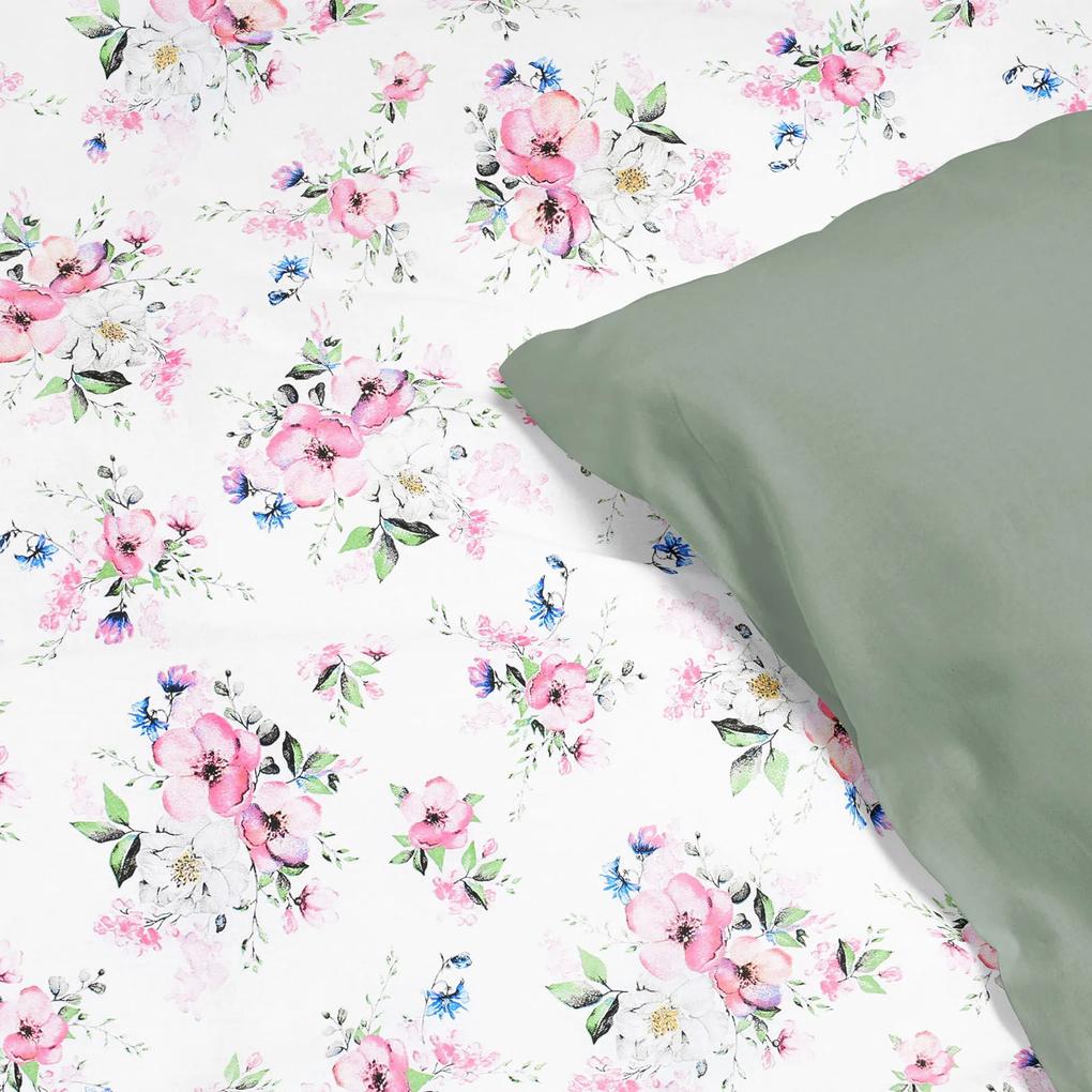 Goldea bavlnené posteľné obliečky duo - ružové sakury s lístkami s šalviovo zelenou 150 x 200 a 50 x 60 cm