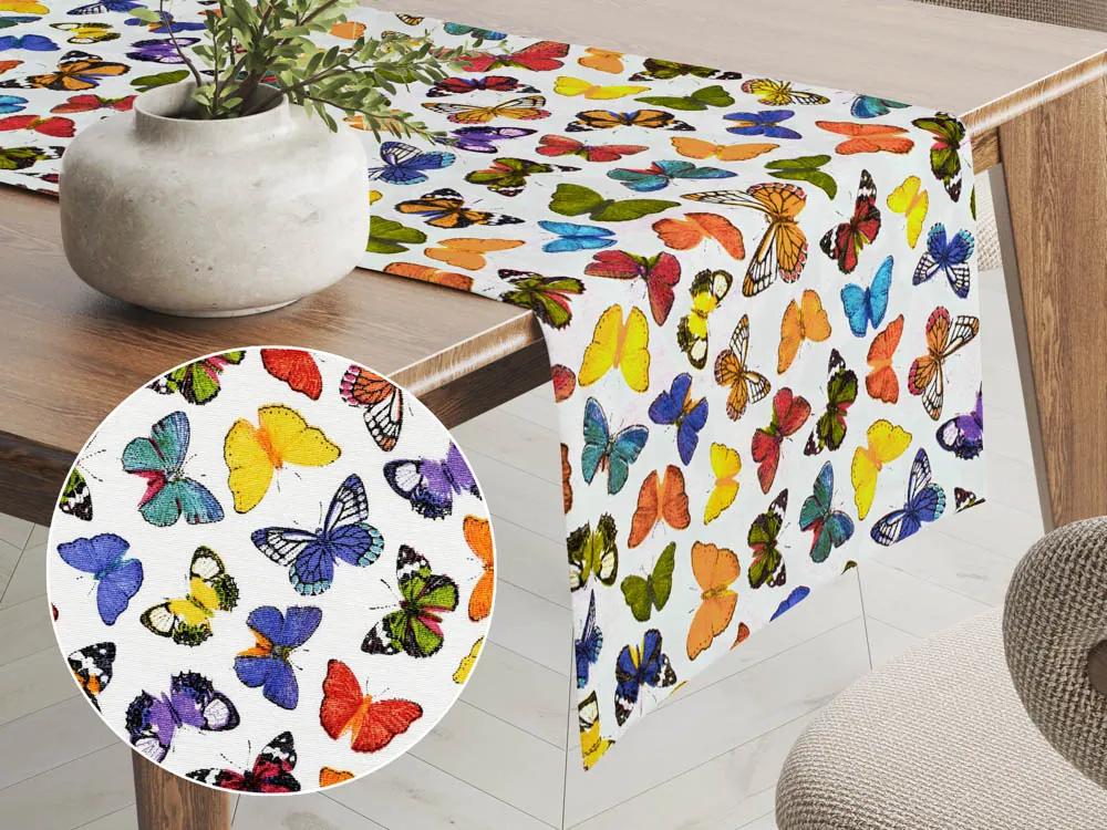 Biante Dekoračný behúň na stôl Leona LN-062 Farebné motýliky na bielom 20x160 cm