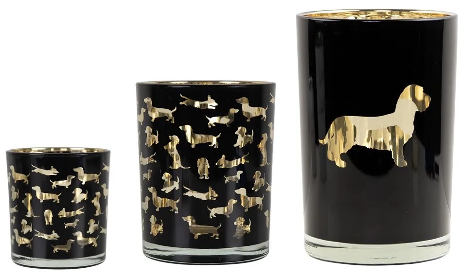 Čierny sklenený svietnik s jazvečíkmi Dachshund L - Ø 12*18 cm