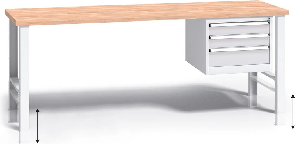 Výškovo nastaviteľný pracovný stôl do dielne G3 so závesným boxom na náradie, buková škárovka, 3 zásuvky, 2000 x 685 x 840 - 1050 mm, sivá