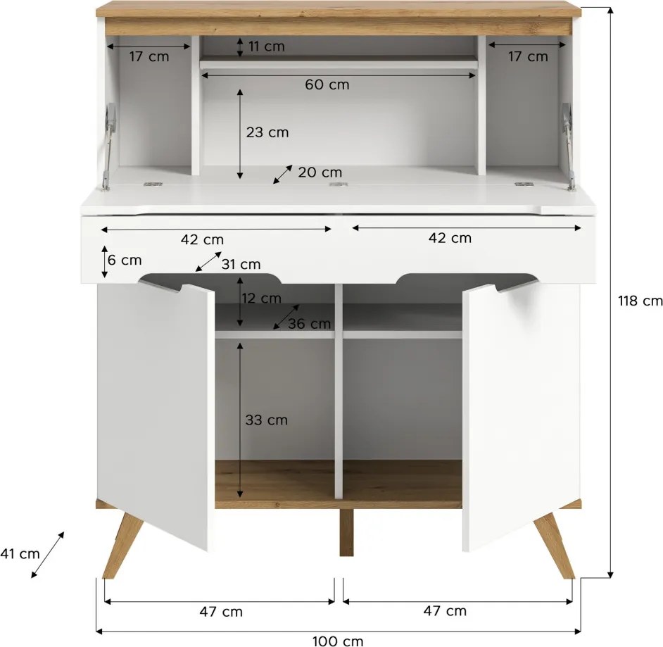 Sekretár s výklopným stolíkom Scandi, biela/dub nox