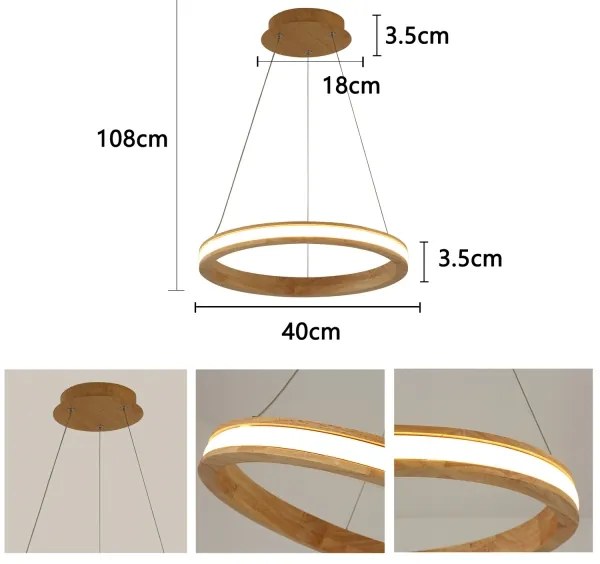 Brilagi - závesný LED luster na lanku UMEA WOOD, 30 W, 230 V, priemer 40 cm, drevený