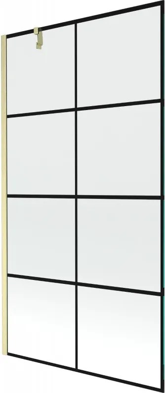 Mexen Next, 1-krídlová vaňová zástena 100 x 150 cm, 6mm číre sklo - čierny vzor, zlatá matná, 895-100-000-00-77-55