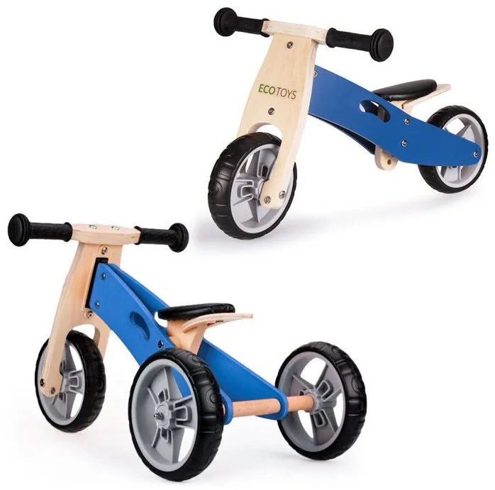 Ecotoys Drevená trojkolka Rider 2v1 hnedo-modrá, YM-BB-01 BLUE