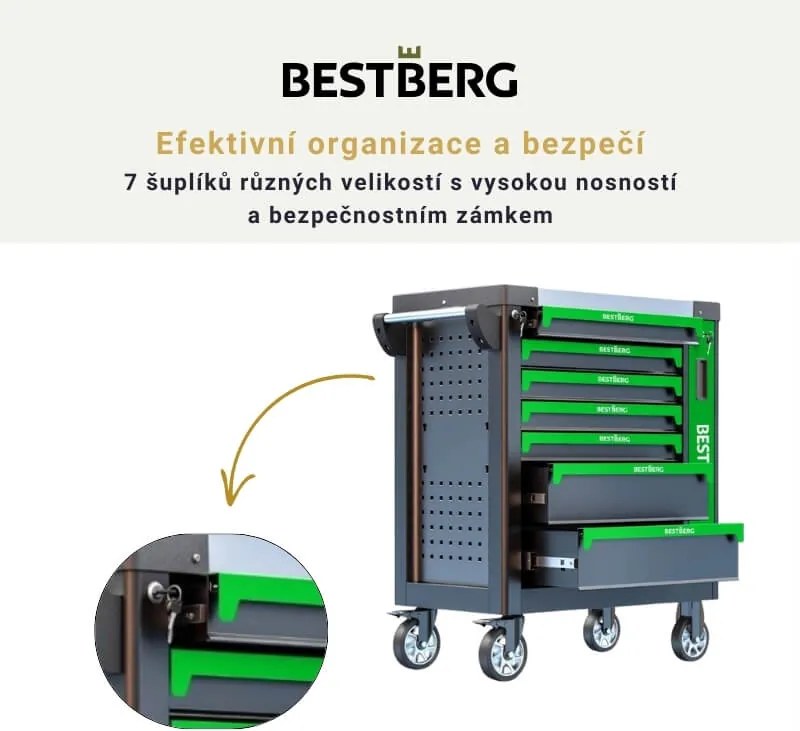 Kovový pojazdný dielenský vozík s 263 nástrojmi a 7 zásuvkami BestBerg BBTC-703T / SPCC steel