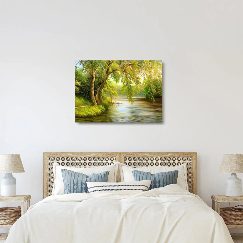 Sklenený obraz - Vŕba pri jazere, olejomaľba (70x50 cm)