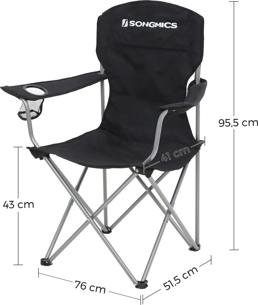 Skladacia kempingová stolička, 2-dielna súprava s držiakom na pohár, čierna