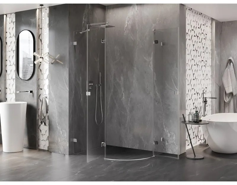 Mexen Lunar, polkruhový sprchový kút naklápací doľava 80 x 70 cm, 8mm číre sklo, chrómový profil, 833-080L-070P-01-00