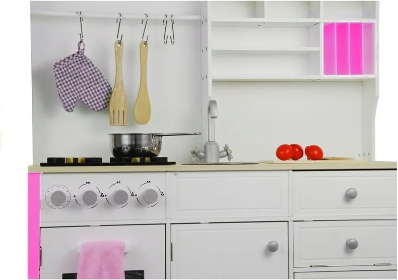 LEAN Toys Drevená detská kuchyňa Ružovo-biela Paula Otváracie prvky