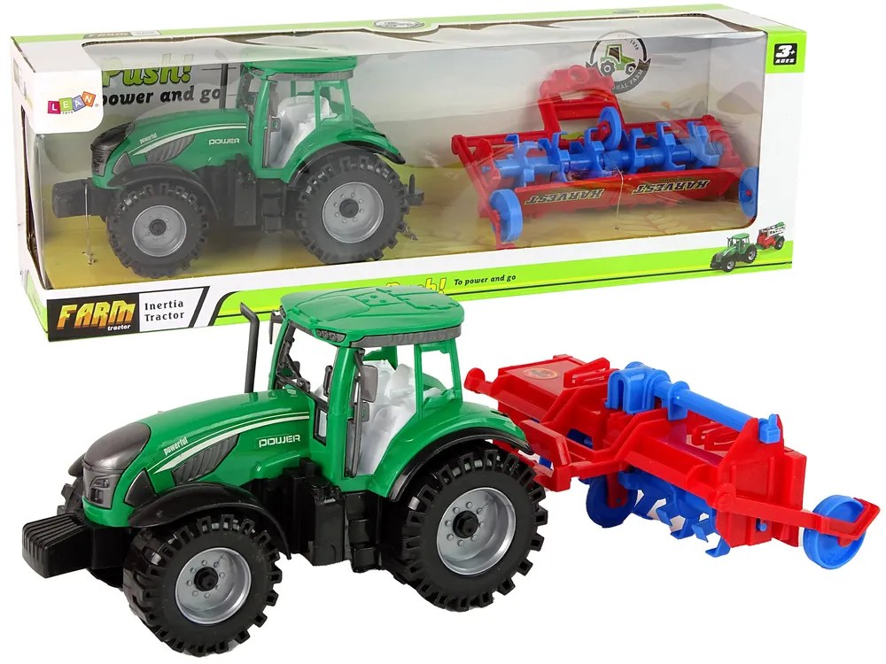 Lean Toys Zelený traktor s červeným pluhom