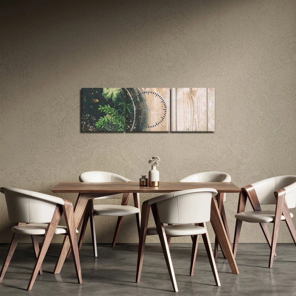 Obraz sukulentov v skle (s hodinami) (90x30 cm)