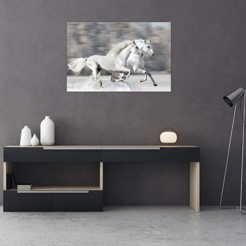 Obraz - Biele kone v zime (90x60 cm)