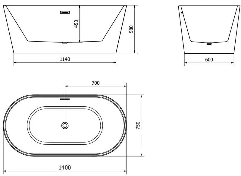 Mexen Luna, voľne stojaca vaňa 140 x 75 cm, biela, čierny prepad, 52031407500-70