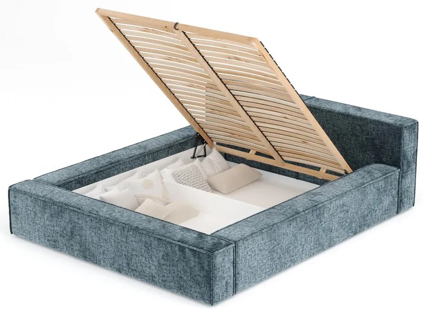 Sivomodrá čalúnená dvojlôžková posteľ s úložným priestorom s roštom 140x200 cm Voliera – Maison de Rêve