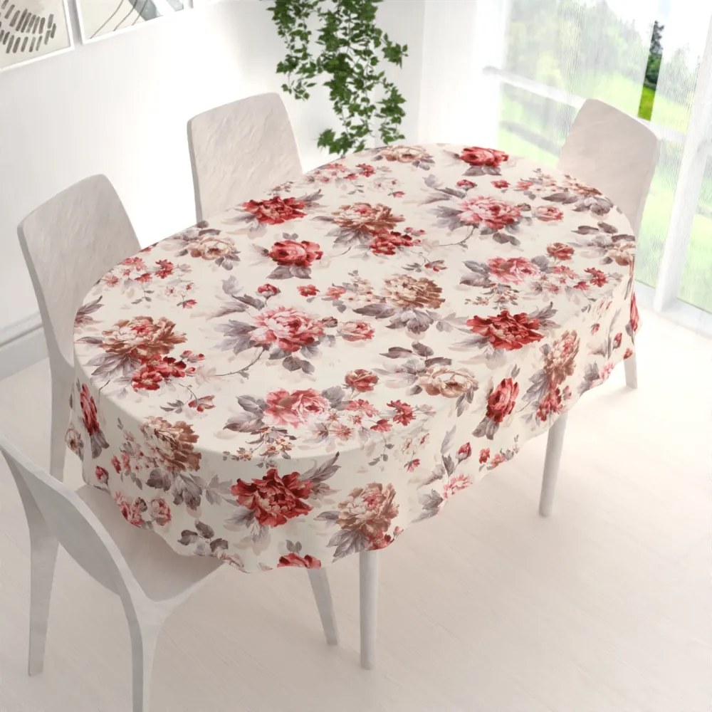 Biante Zamatový oválny obrus Tamara TMR-017 Červené pivonky na pieskovom 100x140 cm