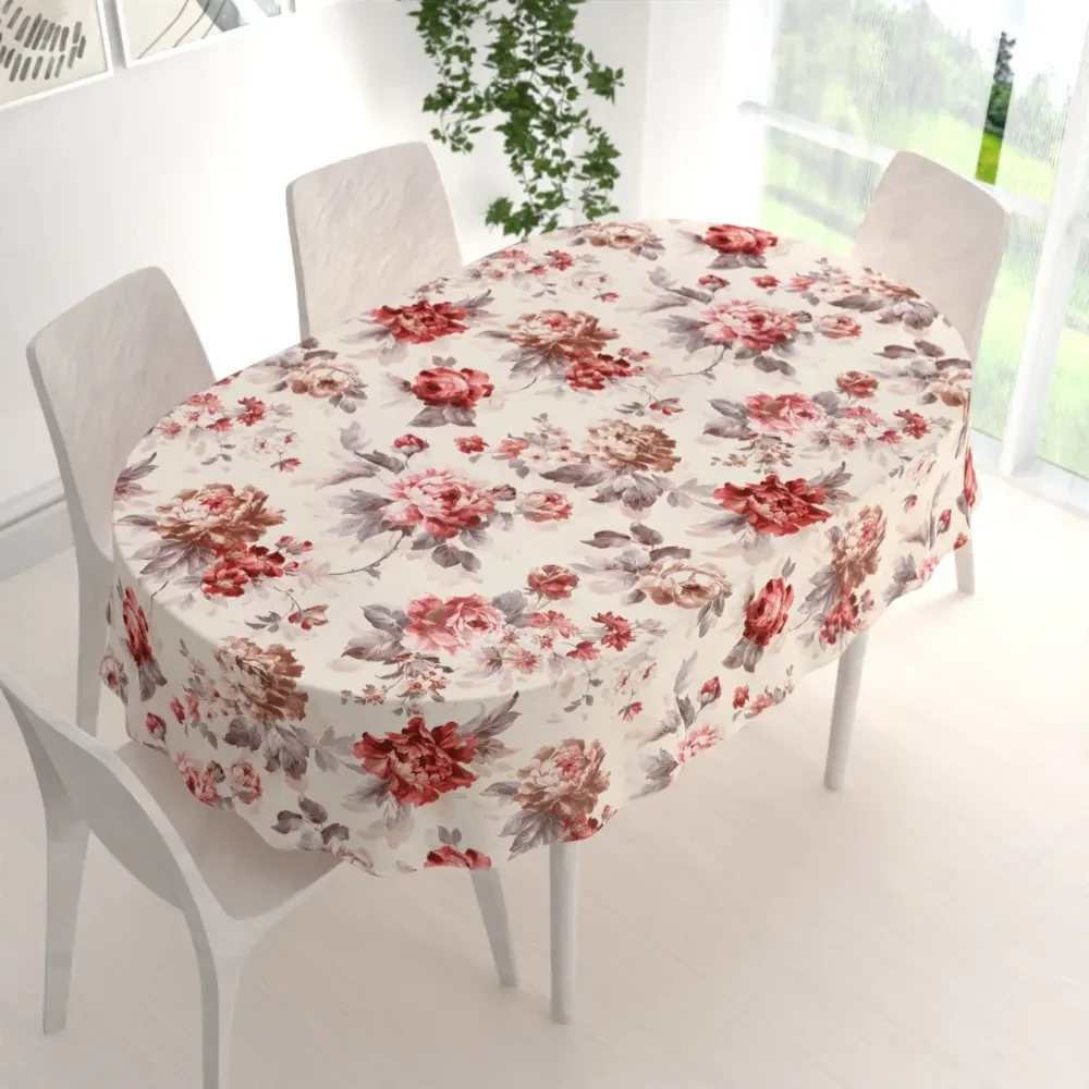 Biante Zamatový oválny obrus Tamara TMR-017 Červené pivonky na pieskovom 120x200 cm