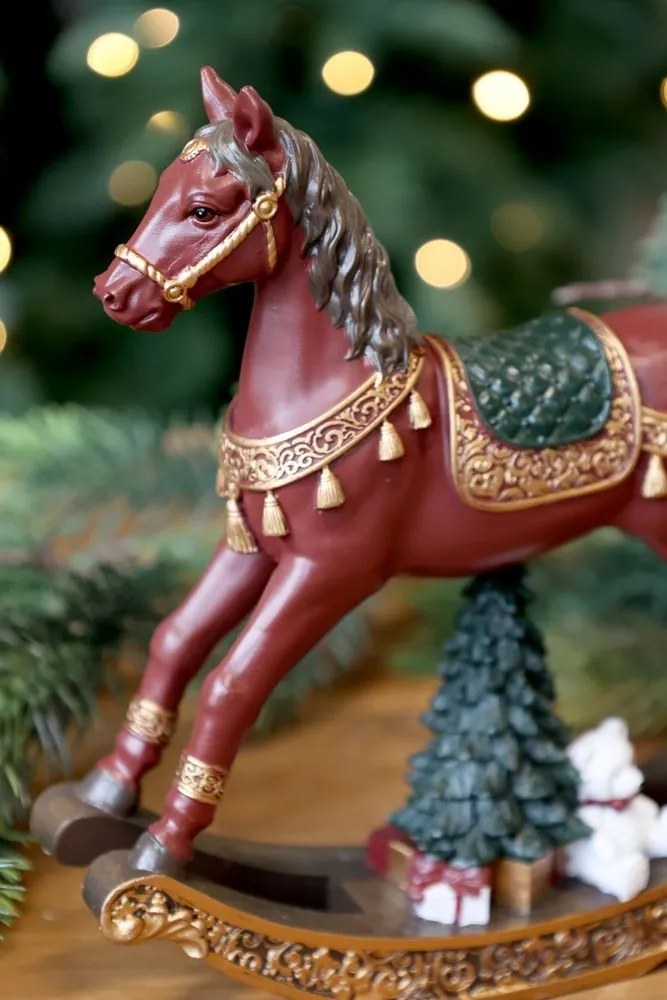 Višňovo-zelený antik hojdací koník Noël - Ø 18*4,5*18 cm