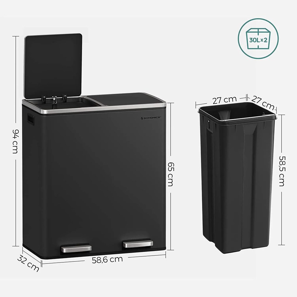 Odpadkový kôš XL s 2 priehradkami, 2 x 30 L, vzduchotesný, čierny