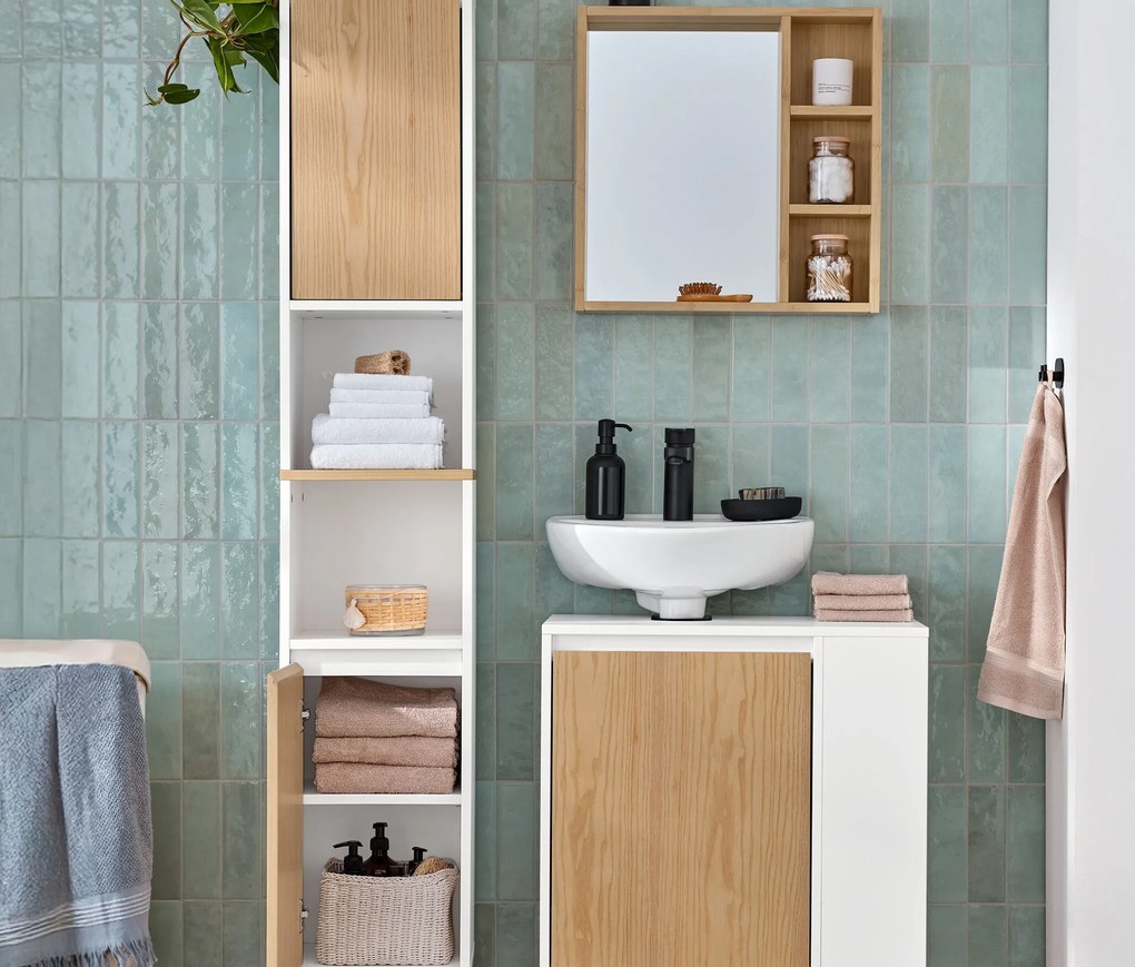 Umývadlová skrinka s dvierkami a poličkou naboku