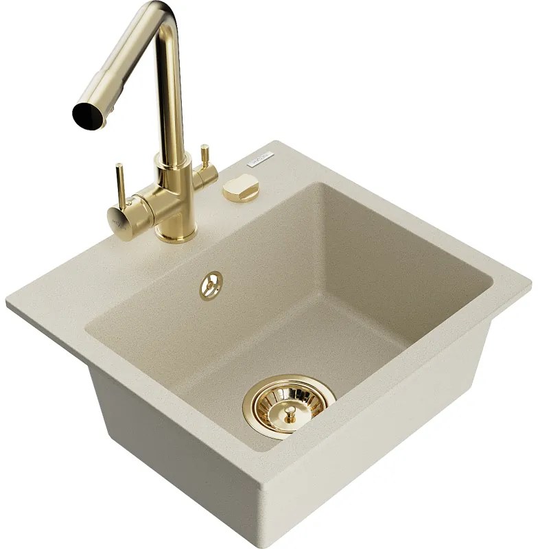 Mexen Milo, granitový drez 435x410x171 mm, 1-komorový a zlatá batéria Duero, béžová, 6505-69-671600-50