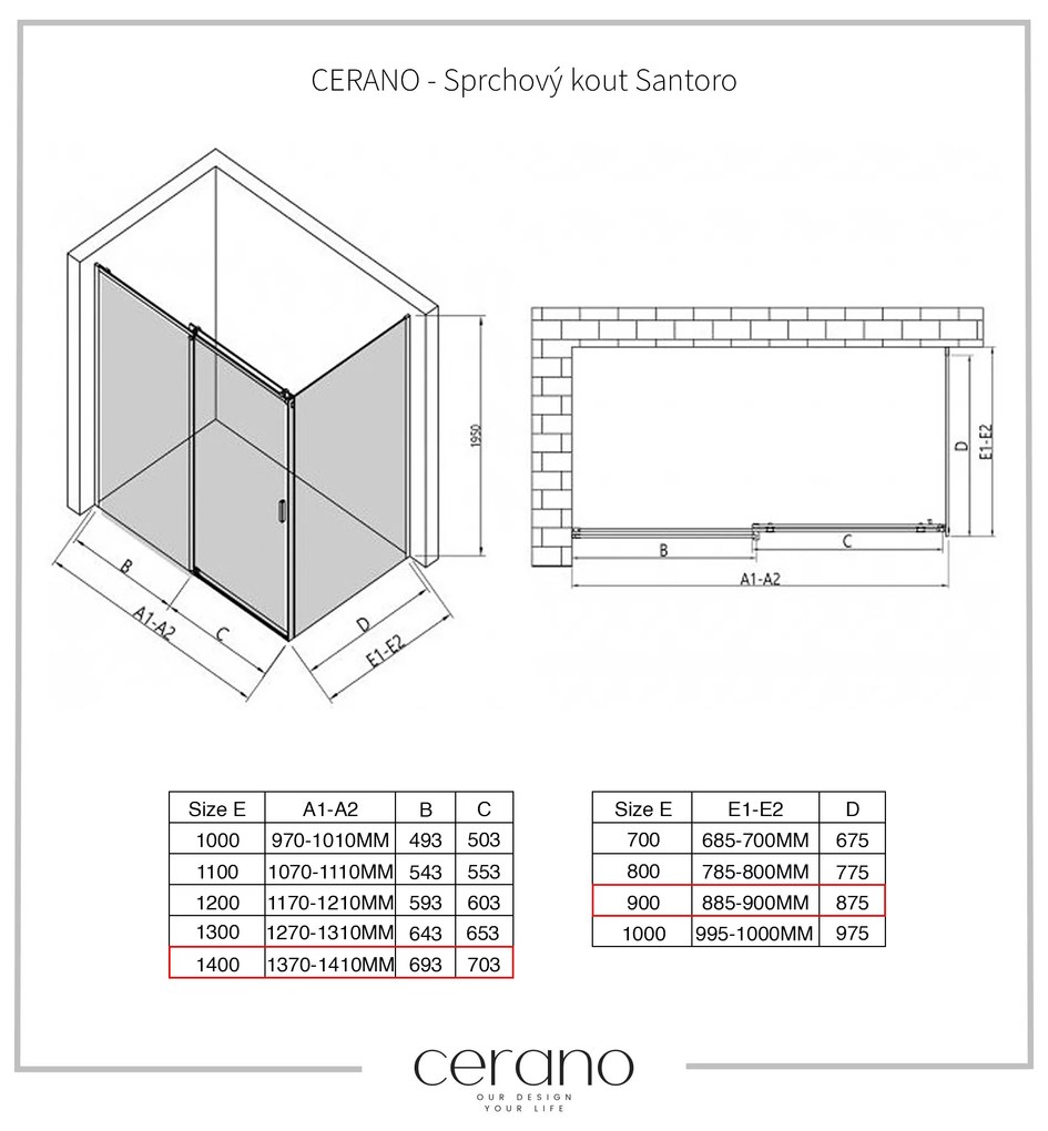 Cerano Santoro, sprchovací kút s posuvnými dverami 140(dvere) x 90(stena) x 195 cm, 6mm šedé sklo, čierny profil, CER-CER-425494