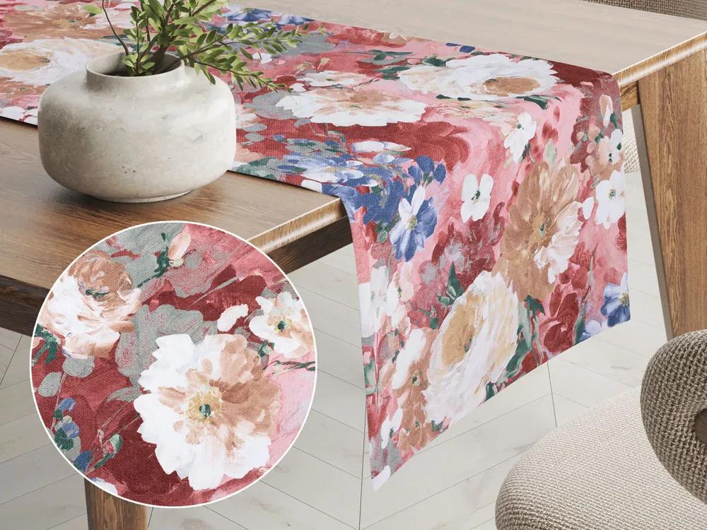 Biante Dekoračný behúň na stôl PM-054 Maľované kvety na ružovom 20x160 cm