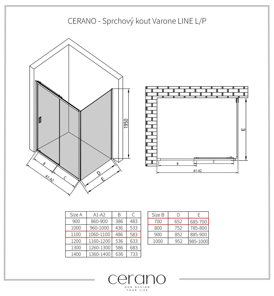 CERANO - Sprchovací kút Varone LINE L/P - čierna matná, grafitové sklo - 110x70 cm - posuvný, CER-CER-8050BD7216