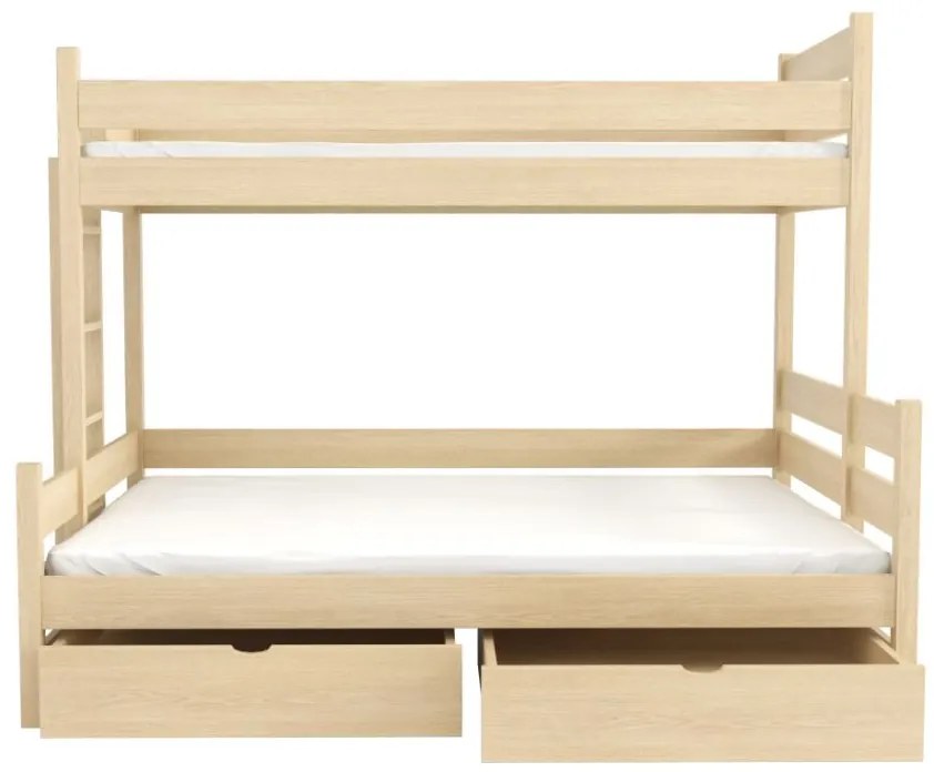 Detská poschodová posteľ z masívu borovice s rozšíreným spodným lôžkom BERTA so šuplíkmi - 200x90/140 cm - PRÍRODNÁ BOROVICA