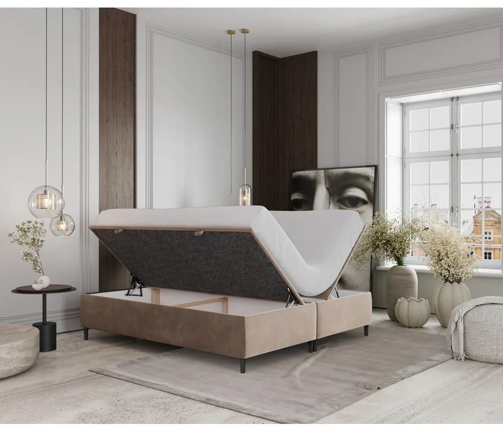 Béžová čalúnená dvojlôžková posteľ s úložným priestorom 200x200 cm Tate – Maison de Rêve