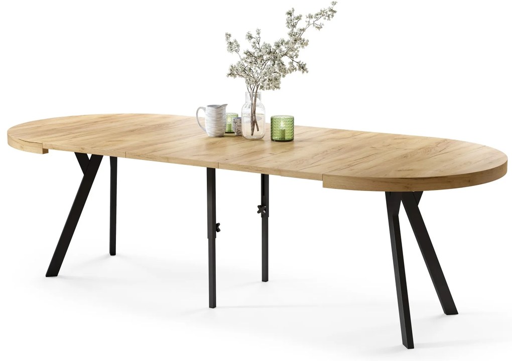 EXPANSO Dub Craft Zlatý / čierne nohy - VEĽKÝ OKRÚHLY STÔL Ø110 ROZKLADACÍ AŽ DO 310 cm S NOHAMI Y LOFTOVÝ / INDUSTRIÁLNY