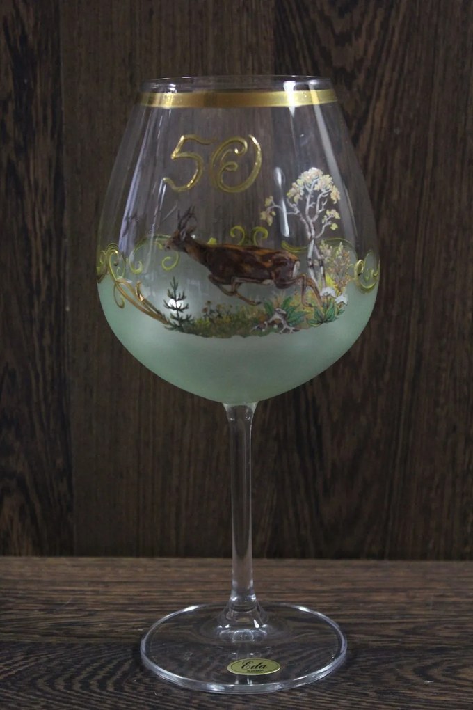 Výročný pohár na 50. narodeniny NA VÍNO s poľovníckym motívom - zelený (v. 23 cm)