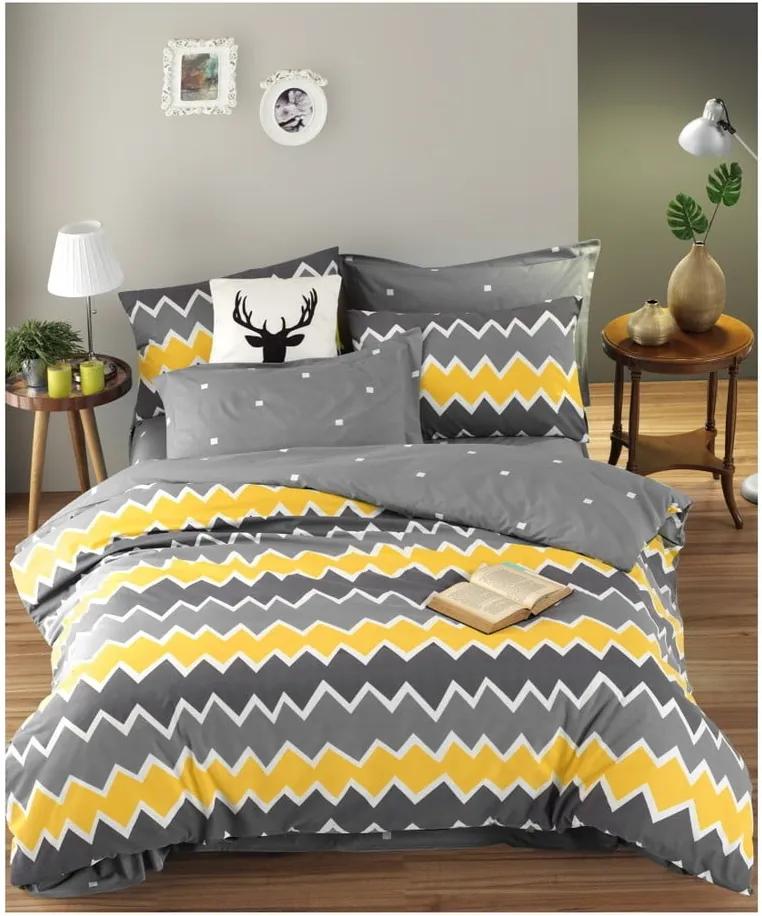 Bavlnené obliečky s plachtou na dvojlôžko EnLora Home Zigros Yellow, 200 x 220 cm