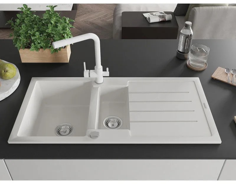 Mexen Andres, granitový drez 1000x500x200 mm, 1,5-komorový + biela batéria Duero, biela, 6515-20-671600-20