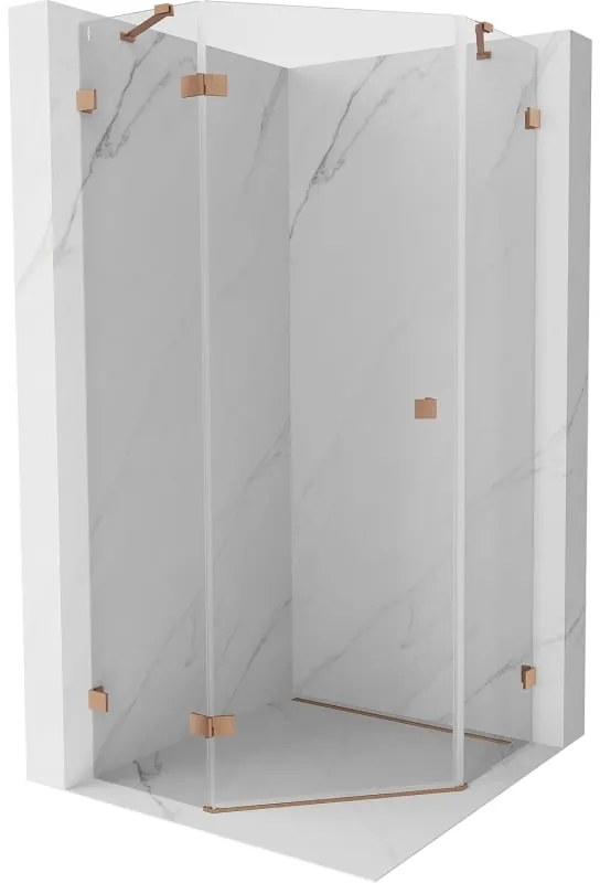 Mexen Lunar, päťuholníkový sprchový kút s ľavým sklonom 90 x 90 cm, 8mm číre sklo, profil medená matná, 831-090L-090P-65-00-L