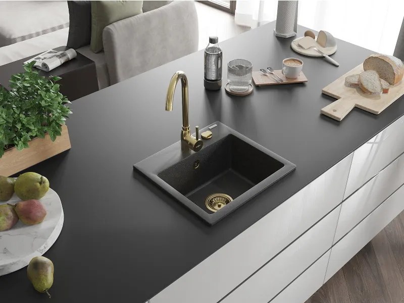 Mexen Milo, granitový drez 435x410x171 mm, 1-komorový, čierna škvrnitá so zlatým sifónom, 6505441000-76-G