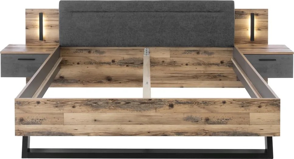 Posteľ s nočnými stolíkmi Sarnia 180x200 cm, zrubová doska/tmavý betón