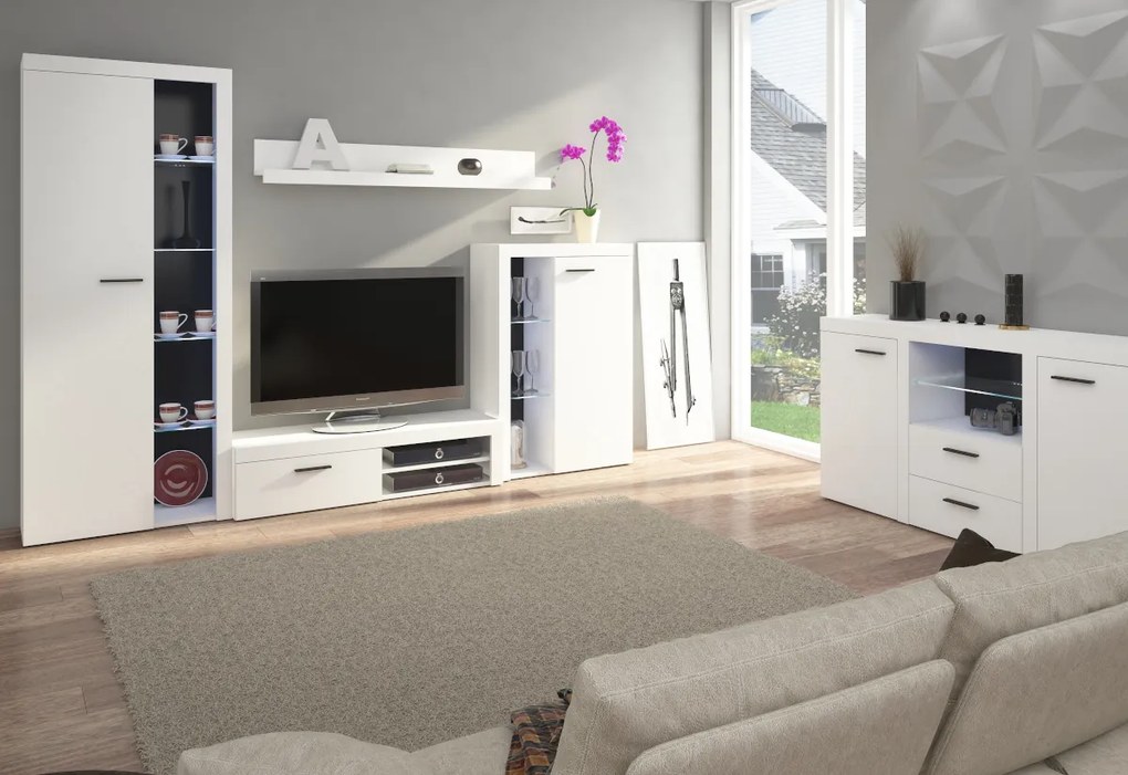 Obývacia stena RUMBA XL, 300x190x34, sivá/dub lefkas + LED osvetlenie