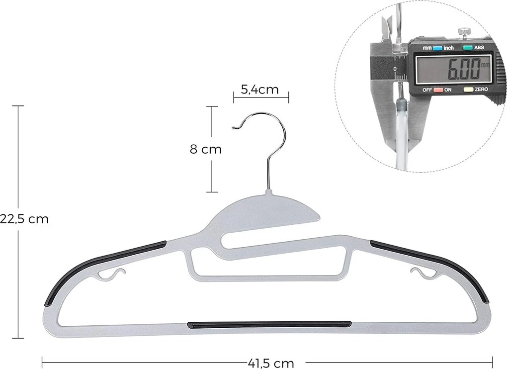 Plastové vešiaky na šaty vysokej kvality, protišmykové, 20 ks, šedé